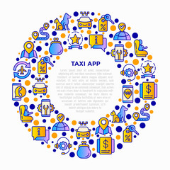 Taxi app concept in circle with thin line icons: payment method, promocode, app settings, info, support service, phone number, airport transfer, baby seat. Vector illustration for print media.