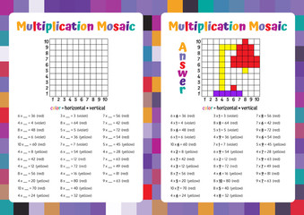 Multiplication Mosaic Math Puzzle Worksheet. Educational Game. Coloring Book Page Mathematical Game. Pixel Art. Vector illustration.