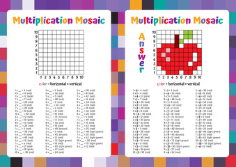 Multiplication Mosaic Math Puzzle Worksheet. Educational Game. Coloring Book Page Mathematical Game. Pixel Art. Vector illustration.