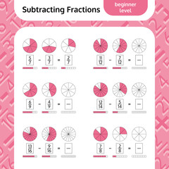Subtracting Fractions Mathematical Worksheet. Coloring Book Page. Math Puzzle. Educational Game. Vector illustration.