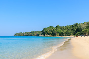 Fototapeta na wymiar Crystal clear turquoise blue Andaman sea at Surin Beach, Phuket, Thailand