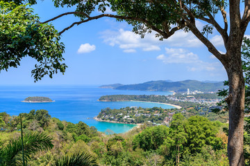 Aerial scenic view over beautiful Andaman sea and 3 bays at Karon Viewpoint, Phuket, Thailand