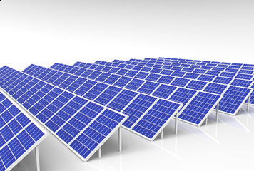 3d rendering. electric energy generator system, solar cells panels field farm industry on white...