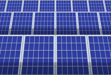 3d rendering. electric energy generator system, solar cells panels field farm industry background.