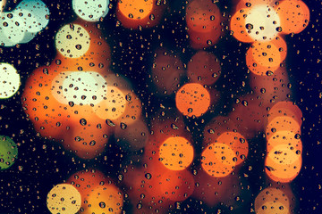 Raindrops on a window and colorful background with blurry city lights at night