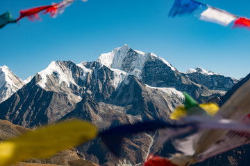 Himalayas peak of Langtang with prayer flags in foreground