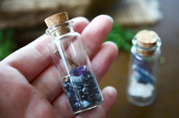 Curiosity Cabinet, whimsical woodland crystal bottles. Snowflake Obsidian, Clear Quartz, Fluorite,...