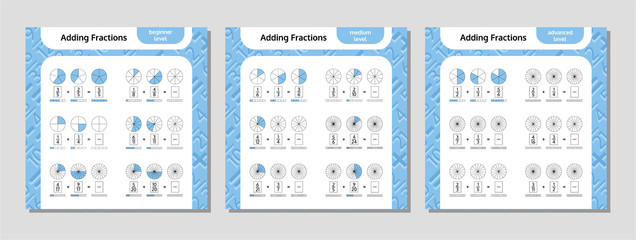 Adding Fractions Mathematical Worksheet Set. Coloring Book Page. Math Puzzle. Educational Game. Vector illustration.