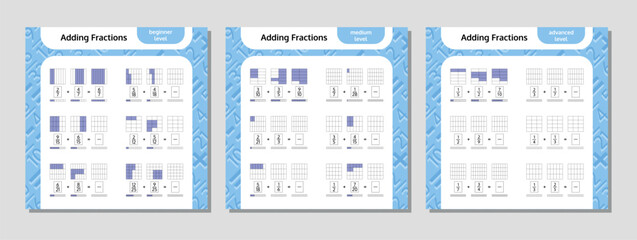 Adding Fractions Mathematical Worksheet Set. Squares. Coloring Book Page. Math Puzzle. Educational Game. Vector illustration. - obrazy, fototapety, plakaty