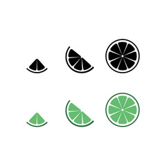 Lime logo. Isolated lime on white background. EPS 10. Vector illustration. Black lime silhouette and green flat lime Set of slices of lime. Quarter half and hole circle