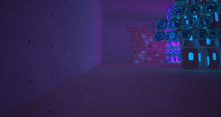 Abstract Concrete Glass Smooth Futuristic Sci-Fi interior With Blue and Violet Neon Tubes . 3D illustration and rendering.