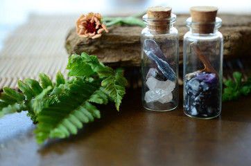 Curiosity Cabinet, whimsical woodland crystal bottles. Snowflake Obsidian, Clear Quartz, Fluorite,...