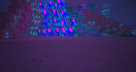 Naklejka premium Abstract Concrete Glass Smooth Futuristic Sci-Fi interior With Blue and Violet Neon Tubes . 3D illustration and rendering.