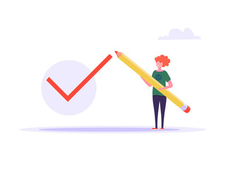 Concept of time managment, checklist, business tasks. Positive business man with a giant pencil beside to a checklist marked on paper on the clipboard. Vector illustration of flat cartoon design