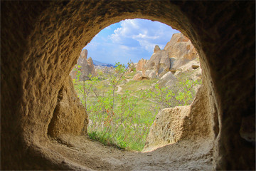 A look from an ancient cave dwelling on the mountains of Cappadocia.