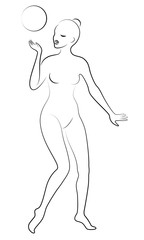 Silhouette of slender lady. The girl plays the ball. Female gymnast. Graphic image. Vector illustration