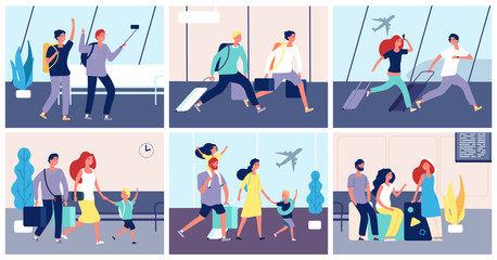 Tourists airport. People with luggage in international airport terminal passengers going summer vacation transportation vector concept. Illustration of passenger tourist in airport, terminal travel