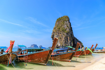 Beautiful clear turquoise blue sea and boats at Ao Phra Nang near Railay beach, Krabi, Thailand