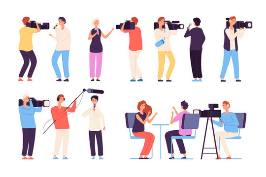 Journalists. Broadcaster News Journalists Broadcasting Camera Crew Cameraman Tv Studio Interview Isolated Vector Cartoon Characters. Illustration Of Cameraman Journalist, Media Reporter Interview