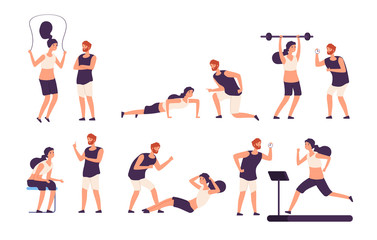 Fototapeta na wymiar Fitness trainer. Male personal coach helps woman training, fit girl exercising with gym instructor isolated vector set. Illustration of coach training, exercise in gym, fitness sport
