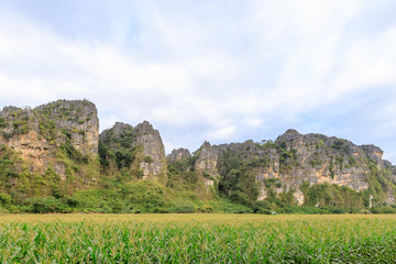 Beautiful limestome mountain range at Ban Mung Village, Noen Maprang District, Phitsanulok, Thailand