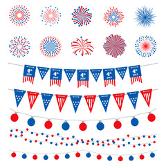 Obraz premium American flag color banners, garlands and fireworks vector collection. Happy Independence Day, 4th July, american holidays design elements isolated on white background. Usa celebration fireworks