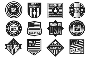 Black and white made in USA badges, banners and labels vector isolated on white background. Usa badge, american product industry manufacturing illustration