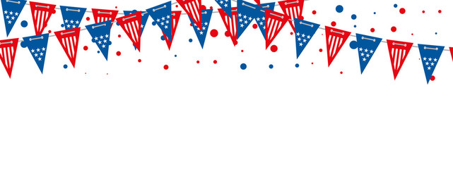 The USA flags vector banner. Triangle american flags garland background. Illustration of flag garland decoration festival, usa american holiday