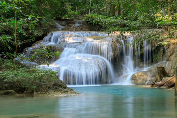 Fototapeta na wymiar Erawan Waterfall tier 1, in National Park at Kanchanaburi, Thailand