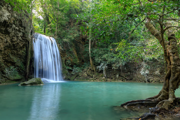 Naklejka na ściany i meble Erawan Waterfall tier 3, in National Park at Kanchanaburi, Thailand