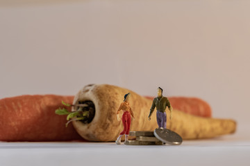 Miniature woman and man figure standing next to big vegetables and counting coins. Shallow depth of field background. Family budget, healthy lifestyles and cost of food concept.