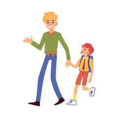 Dad or father leads his son to school flat vector illustration isolated.