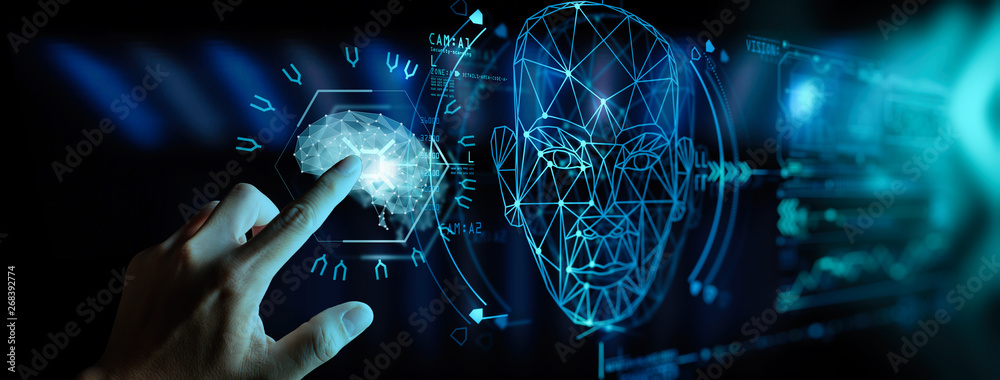 Leinwandbilder Artificial intelligence (AI) with machine deep learning and data mining and another modern computer technologies UI by hand touching low poly icon.