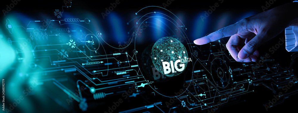 Poster Big data world and globe icon ui with hand selecting and pressing Big Data symbol and modern interface.data science era.