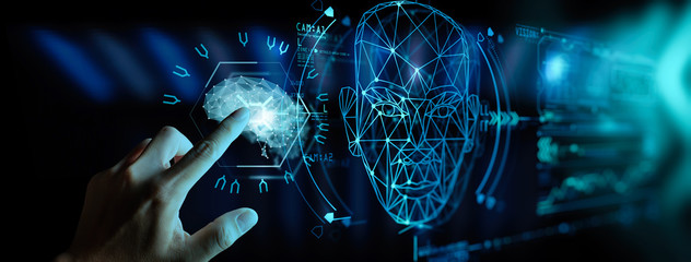 Artificial intelligence (AI) with machine deep learning and data mining and another modern computer technologies UI by hand touching low poly icon.