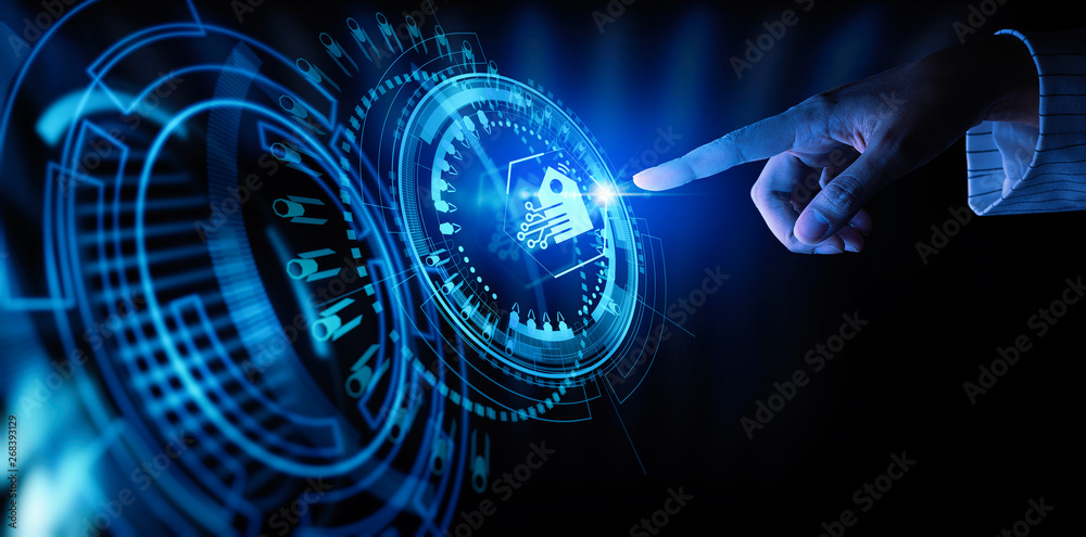 Poster Hand pushing Smart home Automation Control System Ui with Innovation technology internet Network Concept.