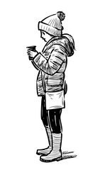 Sketch of a littl girl drinking a hot tea on a stroll