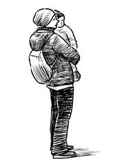 Sketch of a mother holding his kid on hands