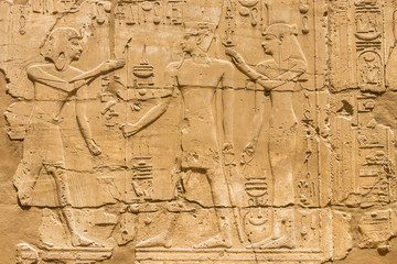 View of the wall with Egyptian hieroglyphics at the Karnak Temple in Luxor, Egypt