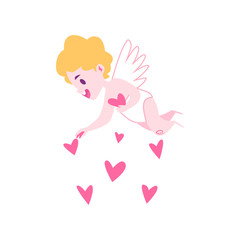 Amur or Cupid throws hearts vector illustration isolated on white.