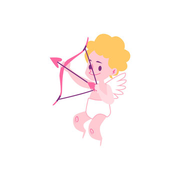 Amur baby or Cupid aiming with an arrow flat vector illustration isolated on white.