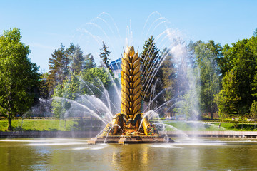 Fountain "Zolotoy Kolos" ("Golden spike") on the territory of the All-Russian exhibition center (VDNH). Moscow, Russia