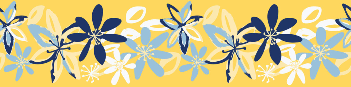 Painted summer floral seamless border, great for fabric trim and textile edging, banners, ribbon, decorative tape and wallpaper applications. Tropical and sunny colors, yellow, blue and white.