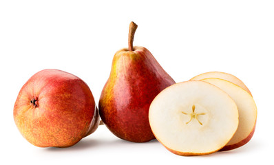 Two red ripe pears and slices on a white, isolated.