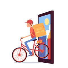 Courier man with backpack riding bicycle out of phone screen cartoon style
