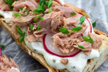 Baguette with tuna, sauce and radish. Tuna sandwich.