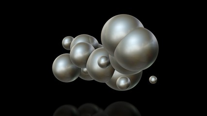 3D illustration of metal balls of different sizes randomly arranged in space and penetrating into each other. A futuristic image, an abstraction. 3D rendering isolated on black background.
