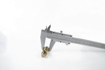 vernier caliper metal measuring nut and bolt on plain isolated white background