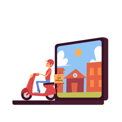 Courier man shipping box and riding scooter out of laptop screen cartoon style