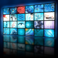 microbiology research collage in a digital display, 3d illustration